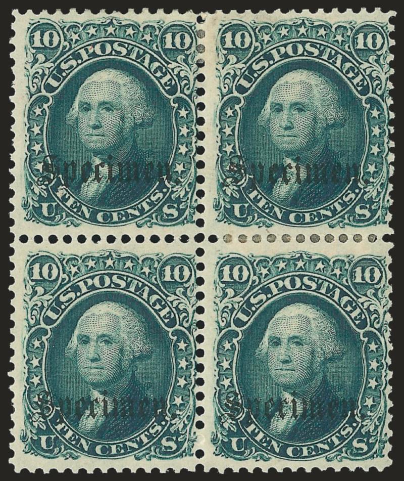 10c Dark Green, Specimen Ovpt. Ty. B (68S).> Block of four, original gum, hinge reinforcement, centered right, Fine, blocks of four are surprisingly difficult to find, Scott Retail as four singles