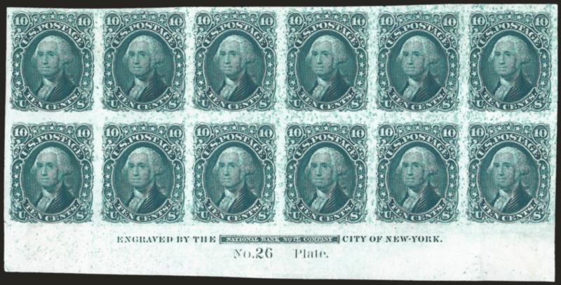 10c Green, Plate Proof on India (68P3).> Bottom imprint and plate no. 26 block of twelve, h.r., large margins, deep rich color, unwiped plate or excess ink causes mottled appearance, Very Fine, scarce, Scott
Retail as plate block of six and four sing