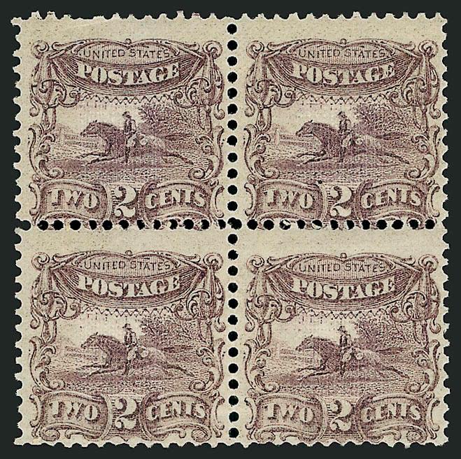 2c Small Numeral, Plate Essay on Stamp Paper, Perforated 12, Grilled (113-E3e).> Block of four in Dark Violet, original gum, lightly hinged, light corner crease at top left, appears Fine, Scott Retail as
singles