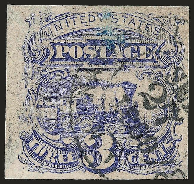 3c Ultramarine, Plate Essay, Cancelled (114-E7b).> On thick paper, neat strike of National Bank Note Co. N.Y. SEP 27, 1869 cds, small scuff and thin spot at top, appears Very Fine