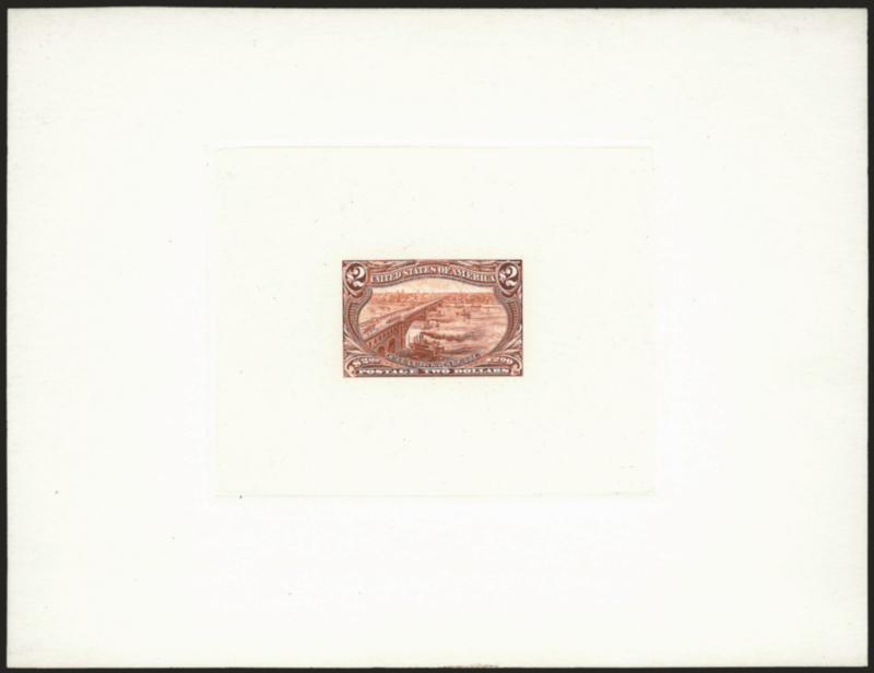 1c-$2.00 Trans-Mississippi, Large Die Proofs on India (285P1-293P1).> Die sunk on approximately 162 x 124mm cards with full die sinkage, bright colors<><>^VERY FINE. A SCARCE SOUND COMPLETE SET OF LARGE DIE
PROOFS OF THE TRANS-MISSISSIPPI ISSUE.^<