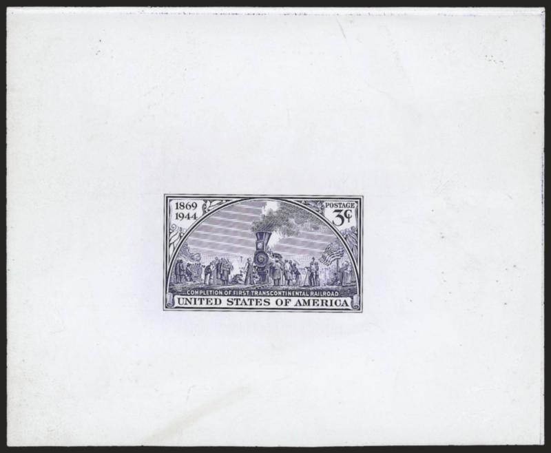 3c Transcontinental Railroad, Die Essay on Glazed Card (922-E Unlisted in Scott)> 98 x 79 mm, razor sharp impression, control no. on back, the design appears to be nearly complete, missing area of dots above
figure kneeling next to track to left of