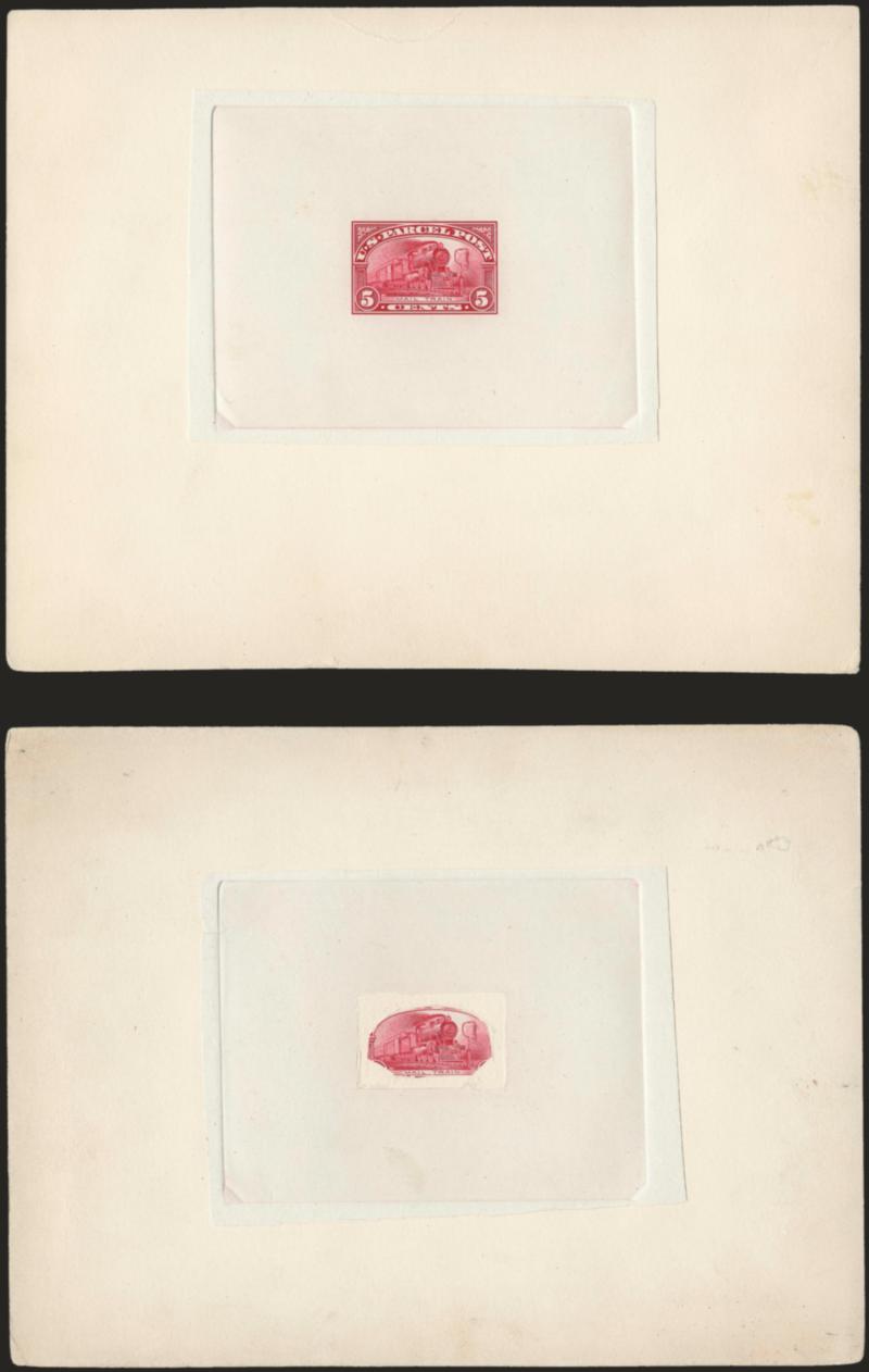 5c Parcel Post, Large Die Proofs on India (Q5P1).> Two, first is mounted on 202 x 158mm card with full die sinkage, light corner bend and small crease at top well outside of die sinkage, second is mounted on
202 x 152mm card with full die sinkage, st