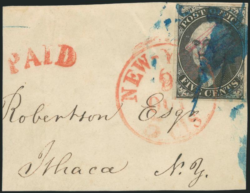 New York N.Y., 5c Black, ACM Initials (9X1).> Large margins all around, tied by blue pen and red New-York 5 cts. 9 Oct. circular datestamp on small piece, the piece also shows clear strike of red Paid arc, Very
Fine, with 2004 P.F. certificate