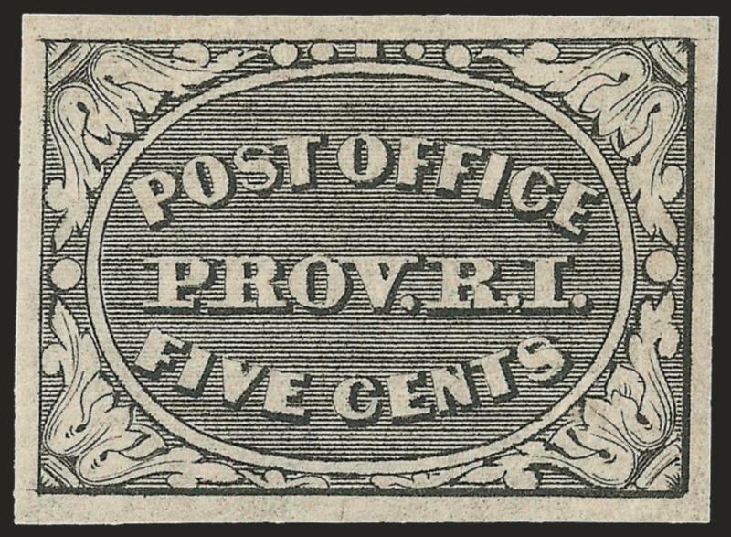 Providence R.I., 5c Gray Black (10X1). Mint N.H.,> Position 5, large even margins all around, detailed impression, Extremely Fine Gem, a superb stamp in every respect, with 2001 P.F. and 2006 P.S.E.
certificates (XF-Superb 95 unlisted in SMQ), Scott
