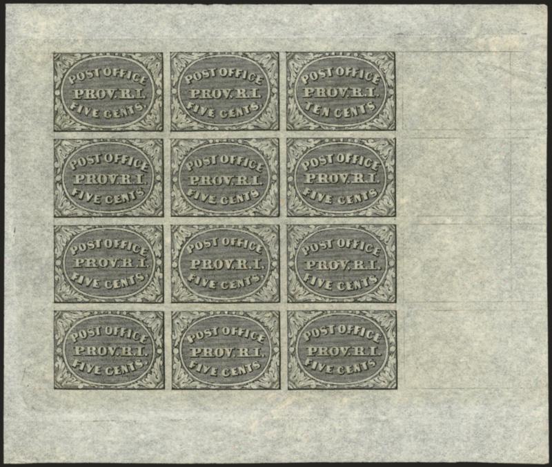 Providence R.I., 5c & 10c Gray Black, Bogert & Durbin Second Reprint Sheet of Twelve (10X1-10X2R).> With printing on reverse and printed in 1898, large margins, bright shade, fresh and Very Fine, only 171
sheets printed