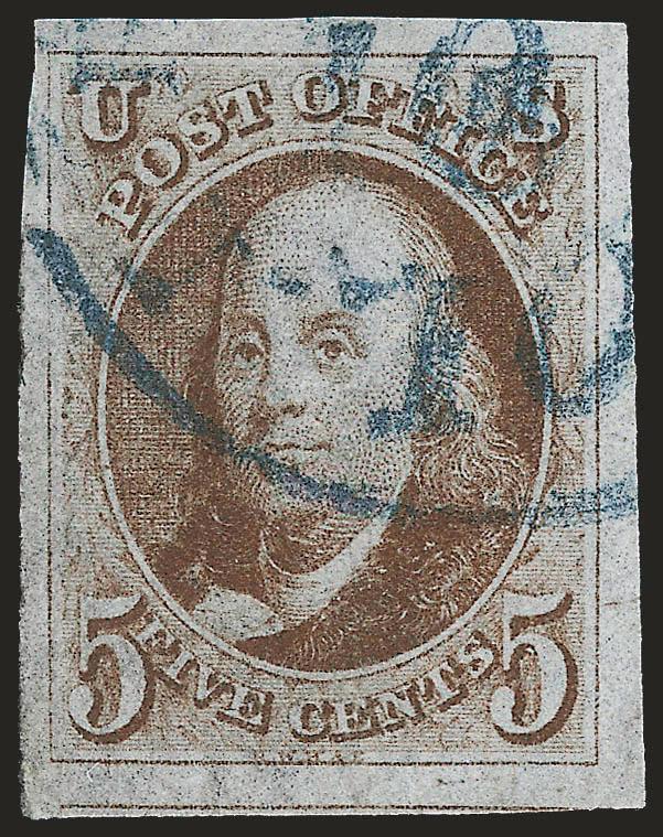 5c Red Brown (1).> Large to huge margins, rich color nicely complemented by <blue integral-rate circular datestamp,> Extremely Fine Gem, with 2007 P.S.E. certificate (XF-Superb 95 SMQ $1,650.00)