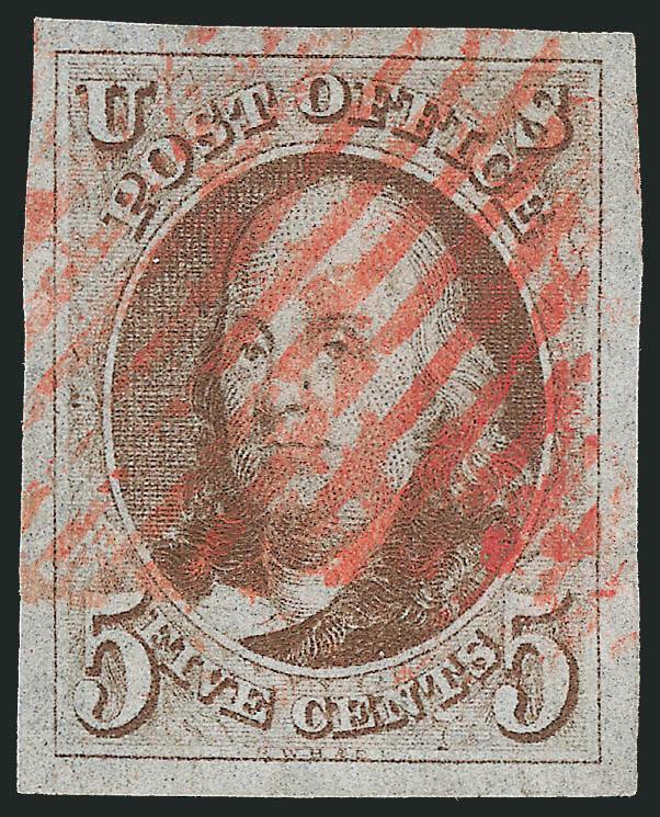 5c Red Brown (1).> Huge margins all around, attractive color and clear impression, neat red New York square grid cancel, Extremely Fine Gem, with 2009 P.S.E. certificate (XF-Superb 95 SMQ $1,650.00)