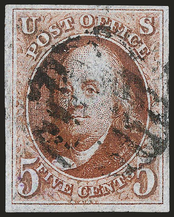 5c Red Brown (1).> Large to huge margins all around, deep and gorgeous shade, <black grid> cancel, small light purple backstamp, Extremely Fine, with 2000 P.F. certificate as Orange Brown No. 1b and 2008 P.S.E.
certificate as Red Brown No. 1