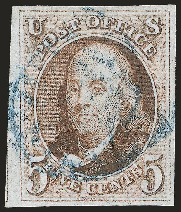 5c Red Brown (1).> Large to huge margins incl. part of adjoining stamp at left, crisp impression, <blue grid> cancel, Extremely Fine, with 1997 P.F. certificate