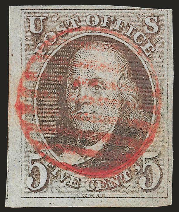 5c Brown (1).> Large to huge margins except just clear at top right, one tiny spot at top right, wonderful rich color and sharp impression, neat red circular grid cancel, barely noticeable tiny internal crease
at right, Very Fine appearance