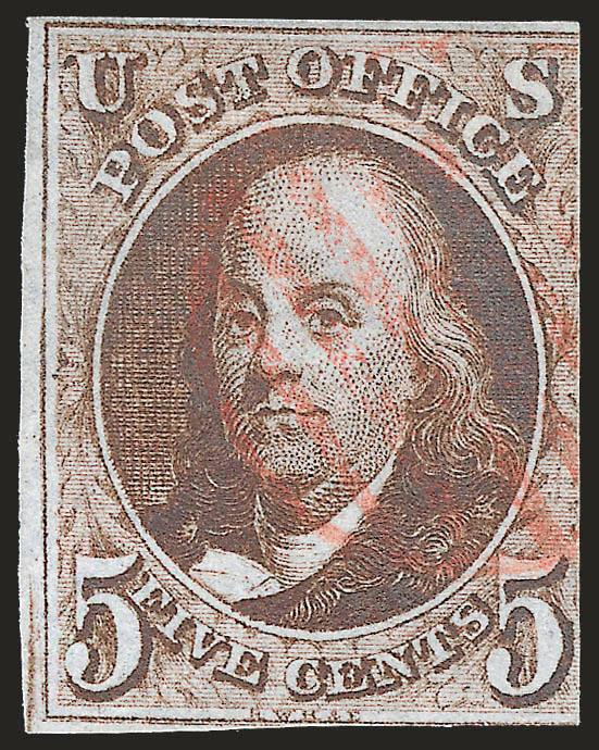 5c Dark Red Brown, Double Transfer Ty. B (1 var.).> Three clear to very large margins, slightly in at right, incredibly intense color and clear impression, Very Good