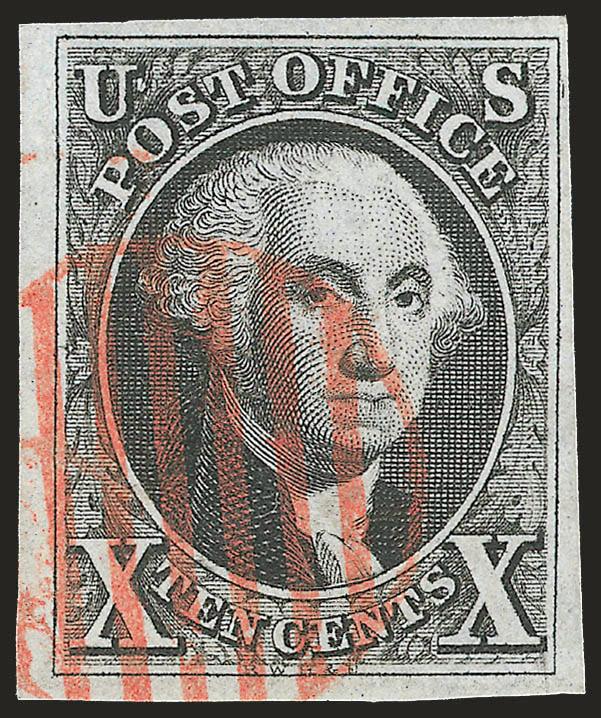 10c Black (2).> Position 28L1, large to full margins, bright shade, well-struck red grid cancel, pressed vertical crease at left, Very Fine and choice appearance, with 1997 P.F. certificate not mentioning the
crease and 2008 P.S.E. certificate callin