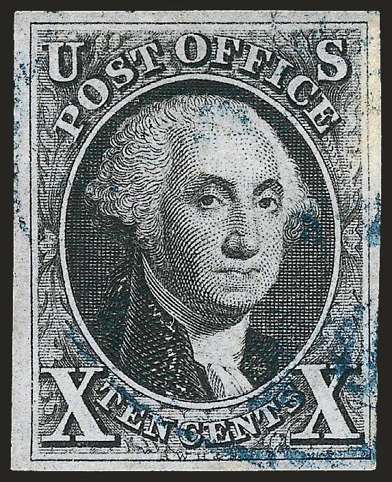 10c Black (2).> Large to ample margins, detailed impression, <blue> circular datestamp, light toning at upper right, Very Fine appearance, with 2008 P.F. certificate