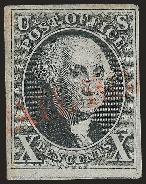 10c Black (2).> Position 15R, large to huge margins incl. part of adjoining stamp at bottom, neat strike of red <Philadelphia Railroad> straightline cancel, tiny thin spots at top right and bottom right, light
crease at bottom right, Very Fine appe