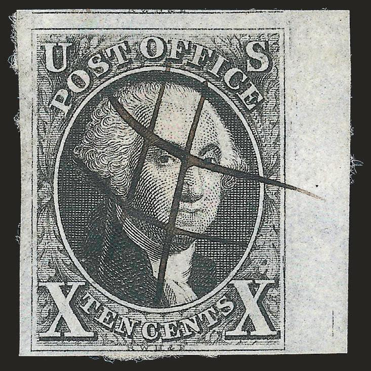 10c Black (2).> Huge margins to clear incl. part of adjoining stamp at top and also <sheet margin at right,> neat ms.  cancel, few adherences on back may not be removable, Very Fine