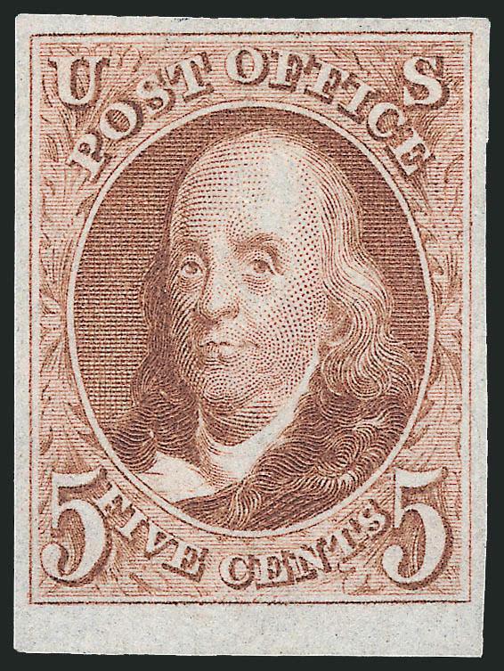 5c Red Brown, Reproduction (3).> Without gum as issued, large margins incl. <sheet margin at bottom>, brilliant color, fresh and Extremely Fine, with 1991 P.F. certificate