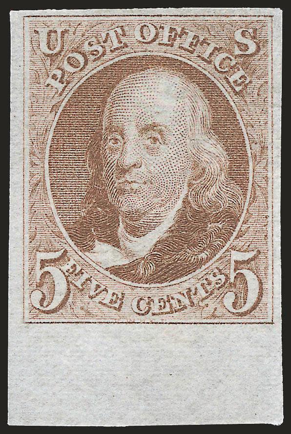 5c Red Brown, Reproduction (3).> Without gum as issued, three ample to huge margins, very wide sheet margin at bottom, clear impression, Extremely Fine, with 2009 P.S.E. certificate