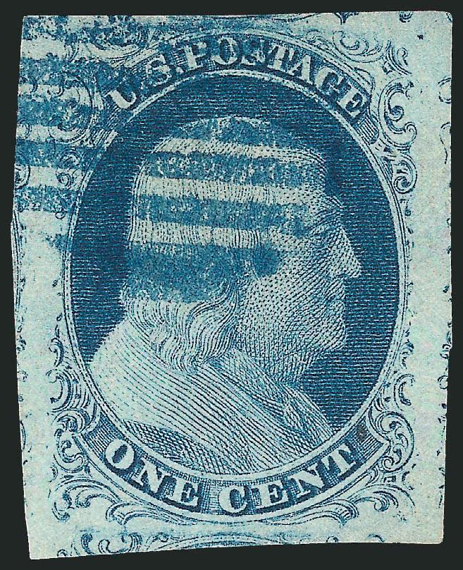 1c Blue, Ty. II (7).> Plate 2, huge margins all around incl. parts of adjoining stamps at all four sides, crisp impression, neat strike of <blue grid> cancel<><>^EXTREMELY FINE GEM. A BEAUTIFUL USED EXAMPLE OF
THE 1851 IMPERFORATE ONE-CENT TYPE II.