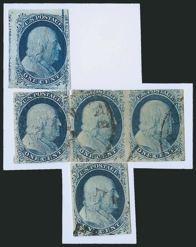 1c Blue, Ty. II, Plate 2 Crack (7 var).> Reconstruction of the crack with Positions 2L, 12L, 13-14L pair and 23L, 2L appears unused but has faint ms. cancel (with 1982 P.F. certificate), margins vary and minor
flaws, Fine-Very Fine appearance