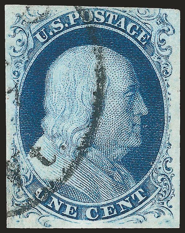 1c Blue, Ty. III (8).> Plate 4, large margins to just in at top right, rich color on bright paper, neat strike of circular datestamp<><>^VERY FINE. AN ATTRACTIVE USED EXAMPLE OF THE 1851 ONE-CENT TYPE
III.^<><>With 2008 P.S.E. certificate (VF 80