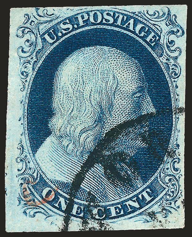 1c Blue, Ty. IIIa (8A).> Plate 4, huge margins at left and bottom, full at right and mostly ample at top, intense shade and proof-like impression, neat town datestamp and trace of red cancel, this stamp was
certified by P.S.E. in 2002 as a Type III b