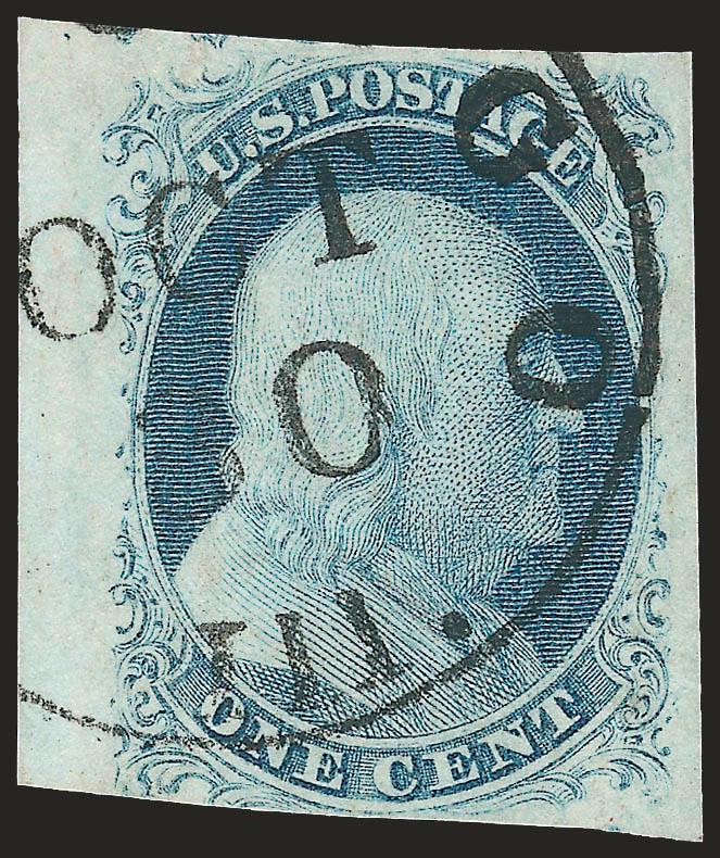 1c Blue, Ty. IIIa (8A).> Plate 1E, large to huge margins except tiniest bit in partially at bottom, lovely pastel color, bold Chicago circular datestamp, Very Fine, with 2008 P.S.E. certificate