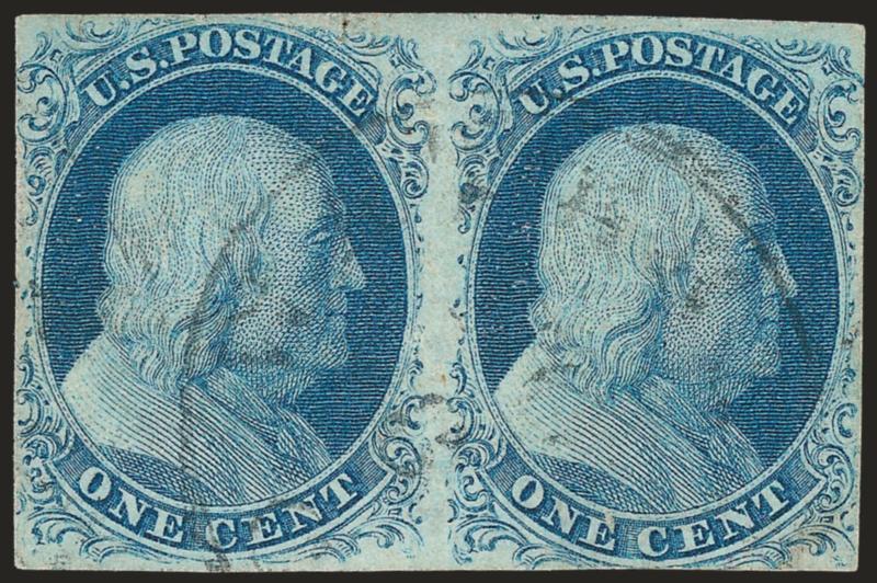 1c Blue, Ty. IIIa (8A).> Plate 1E, horizontal pair, left stamp Ty. II, margins essentially all around, bright color and light circular datestamp, Ty. II tiny tears at top, Ty. IIIa small surface scrape, Very
Fine appearance