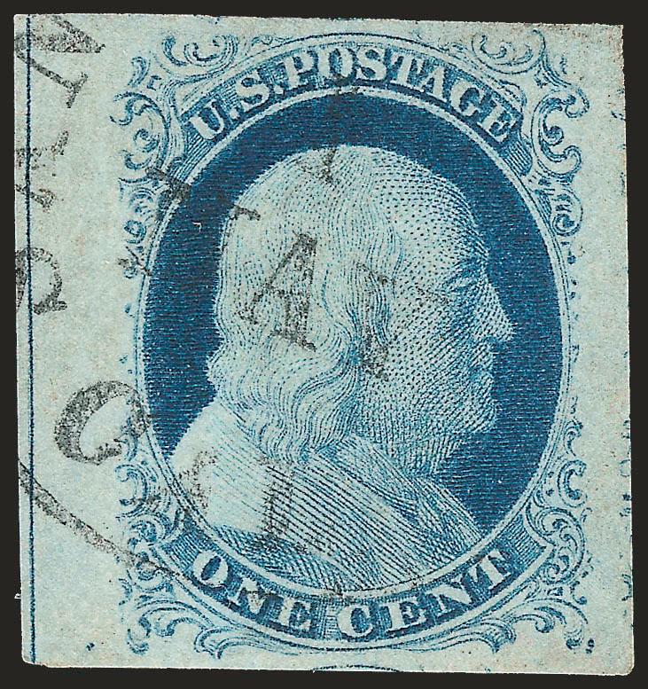 1c Blue, Ty. IV (9).> Huge margins incl. part of adjoining stamp at bottom and <guideline at left,> bright shade, neat strike of San Francisco circular datestamp, Extremely Fine Gem, with 2006 P.S.E.
certificate (XF-Superb 95 Jumbo SMQ $860.00 as 95