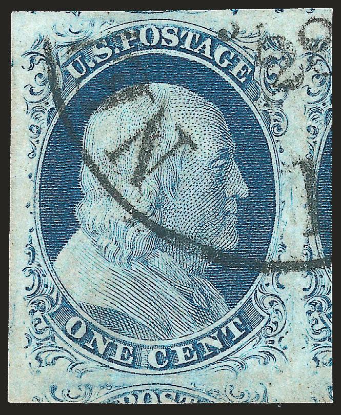 1c Blue, Ty. IV (9).> Huge Jumbo margins showing parts of six adjoining stamps, rich color and bold New Orleans circular datestamp, Extremely Fine Gem, with 2008 P.S.E. certificate (XF-Superb 95 Jumbo SMQ
$860.00 as 95, $1,850.00) as 98)