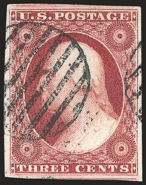 3c Deep Claret, Ty. I (11 var).> Large even margins incl. part of adjoining stamps at top and bottom, deep rich color and proof-like impression on bright paper, bold strike of grid cancel, Extremely Fine Gem, a
stunning stamp, with 2006 P.S.E. certif