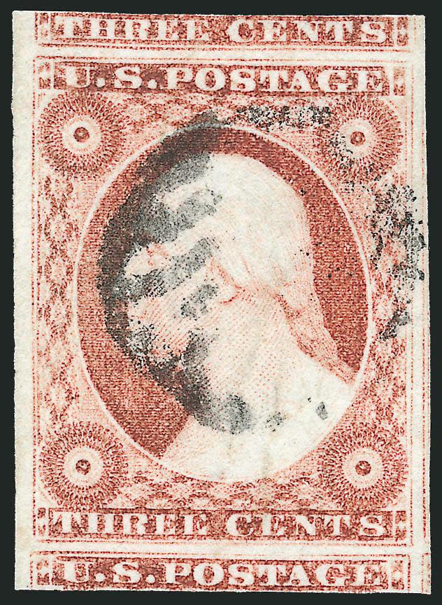 3c Dull Red, Ty. II (11A).> Position 41L2L, huge margins all around incl. parts of four adjoining stamps, bright color, black grid cancel, Extremely Fine Gem, with 1991 and 2005 P.S.E. certificates (Superb 98
Jumbo unpriced in SMQ above the grade of