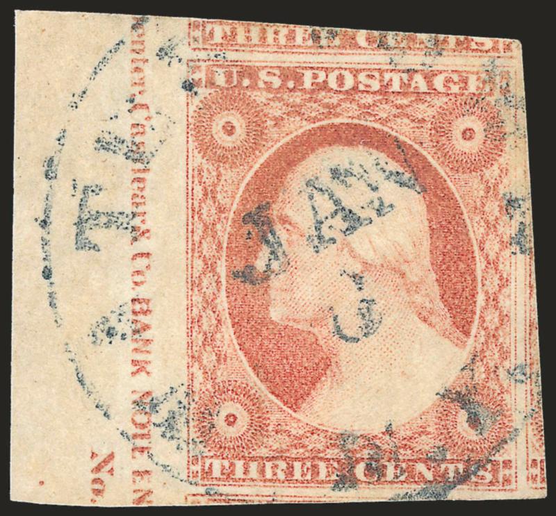3c Dull Red, Ty. II (11A).> Large to huge margins incl. part of three adjoining stamps, also with <part imprint and No. of the plate no. selvage at left,> radiant color, neat strike of <blue> circular
datestamp, Extremely Fine Gem, very desirable w