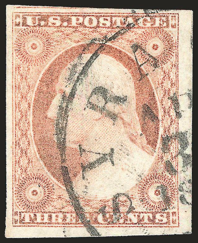 3c Dull Red, Ty. II (11A).> Large to huge Jumbo margins, almost surely a corner position, neat Syracuse N.Y. circular datestamp, Extremely Fine Gem, with 2009 P.S.E. certificate (XF-Superb 95 SMQ $325.00 as 95,
$750.00 as 98)