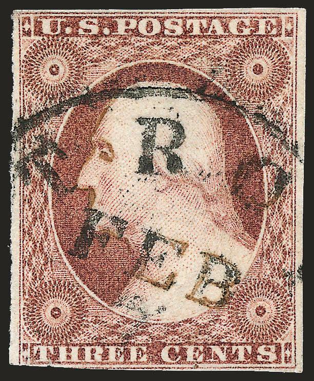 3c Plum, Ty. II (11A var).> Position 74R3, large margins to barely in, deep rich color, bold strike of circular datestamp, couple small faults and portion of postmark drawn in, still a Fine appearing example of
this rare shade, for some reason the ne