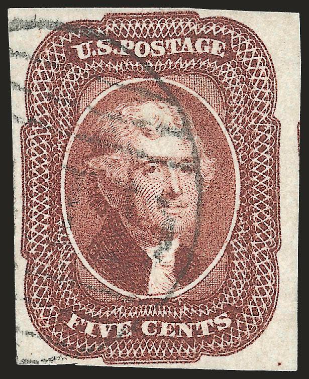 5c Red Brown (12).> Large margins to clear incl. trace of adjoining stamp at right, bright color, neat strike of <large Boston Paid grid,> Very Fine, small purple backstamp