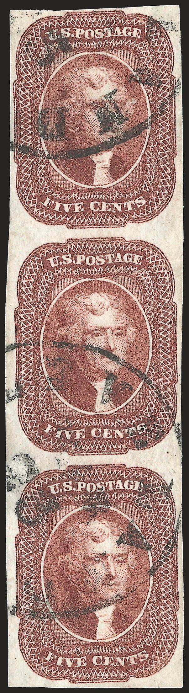 5c Red Brown (12).> Vertical strip of three, Reliefs CDE, large margins, bright color, neat strikes of circular datestamp cancels (not New Orleans, possibly Cleveland), light creases, Very Fine appearance, a
scarce multiple, ex Mayer