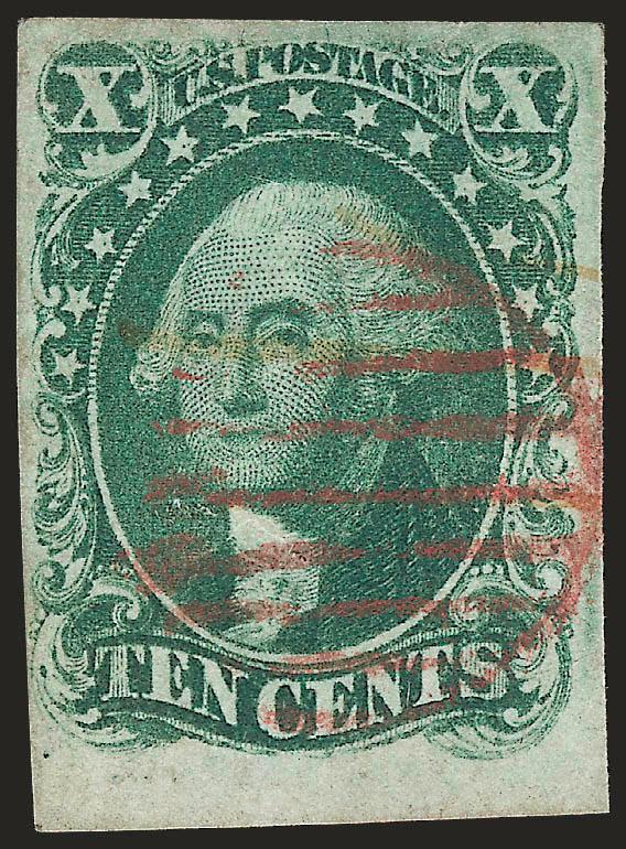 10c Green, Ty. I (13).> Ample to huge margins, lightened ms. cancel and red grid, rich color, two tiny corner creases and faint scuff, otherwise Very Fine, with 2008 P.F. certificate