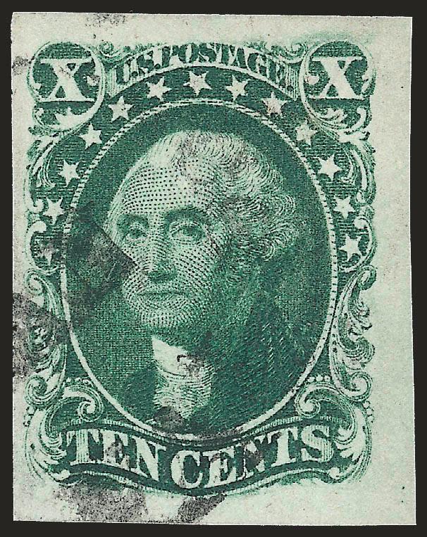 10c Green, Ty. III (15).> Position 50L1, huge margins all around incl. <sheet margin at right,> rich color, neat strike of circular datestamp, fresh and Extremely Fine Gem, with 1984 P.F. and 2005 P.S.E.
certificates (XF-Superb 95 SMQ $700.00)
