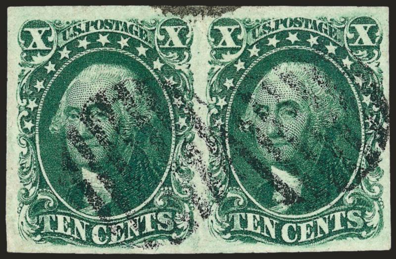 10c Green, Ty. III (15).> Horizontal pair, large margins, deep rich color, grid cancels, left stamp with semicircular albino scratch at bottom, otherwise Extremely Fine, backstamped Calves, with clean 1987 P.F.
certificate and 2008 P.F. certificate m