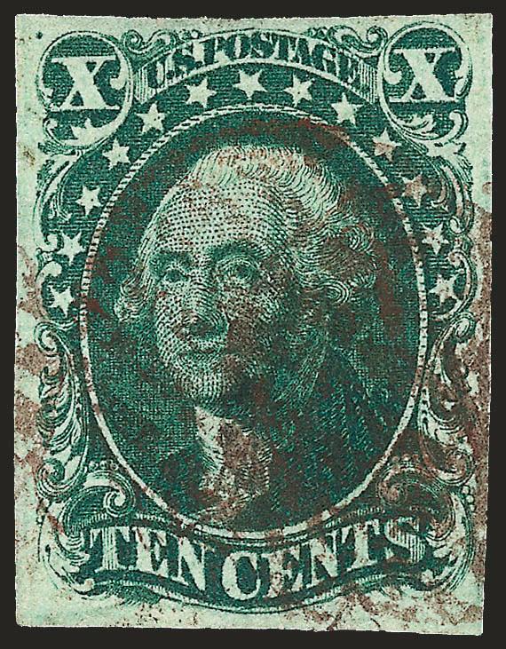 10c Green, Ty. IV (16).> Position 76L1, recut at bottom, full margins all around, intense shade and proof-like impression, cancelled by <brown red grid,> Very Fine and choice, colored cancels are rarely found
on the 10c 1855 Type IV, with 2003 P.F. c