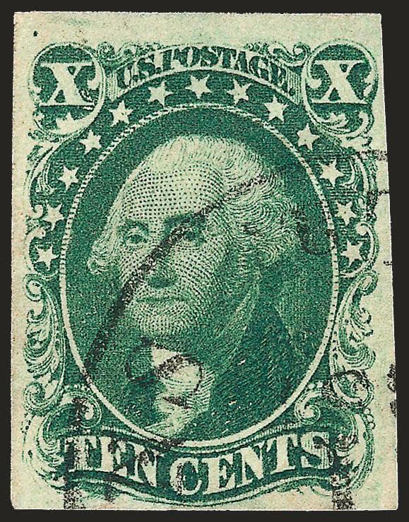 10c Green, Ty. IV (16).> Position 55L1, recut at bottom, huge margins to clear, beautiful color, neat strike of New Orleans circular datestamp, light horizontal bend described on accompanying certificate, Very
Fine appearance, with 2008 P.F. certific