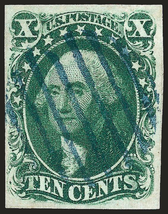 10c Green, Ty. IV (16).> Position 65L1, recut at top, full to ample margins, rich color on bright paper, cancelled by perfect strike of <blue rimless grid,> extremely trivial tiny scuff speck at top right,
otherwise Very Fine and choice, a handsome e