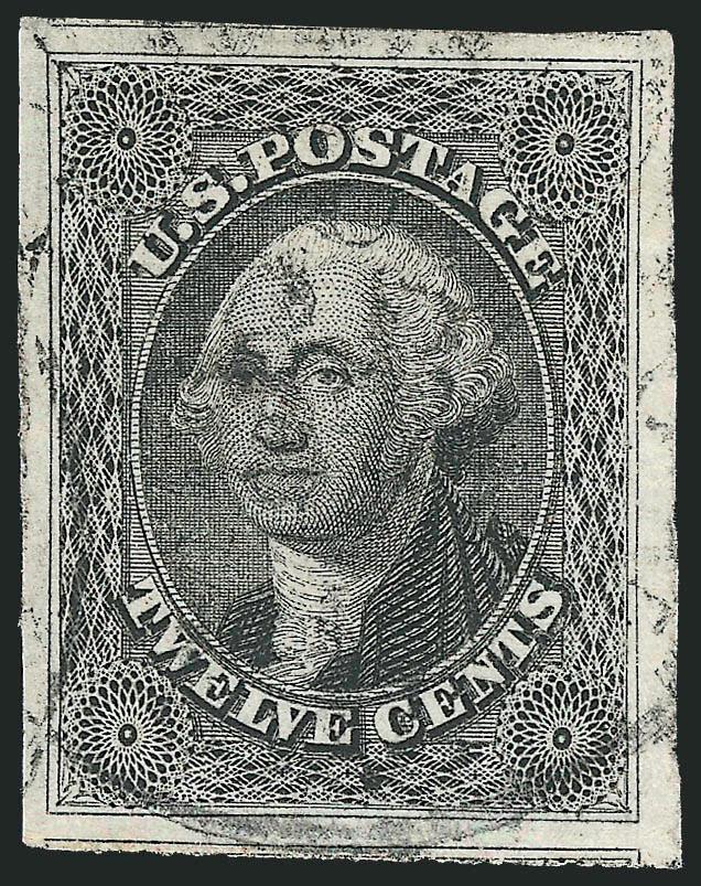 12c Black (17).> Huge margins all around incl. parts of adjoining stamps at top and bottom, intense shade and detailed impression, unobtrusive strike of circular datestamp<><>^EXTREMELY FINE GEM. AN OUTSTANDING
USED EXAMPLE OF THE 12-CENT 1851 ISSU