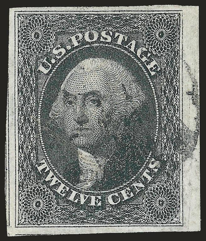 12c Black (17).> Large to huge margins incl. <sheet margin at right> and part of adjoining stamp at left, intense shade and impression, unobtrusive grid cancel, Extremely Fine Gem, a beautiful stamp, with 1984
P.F. and 2007 P.S.E. certificates (XF-Su