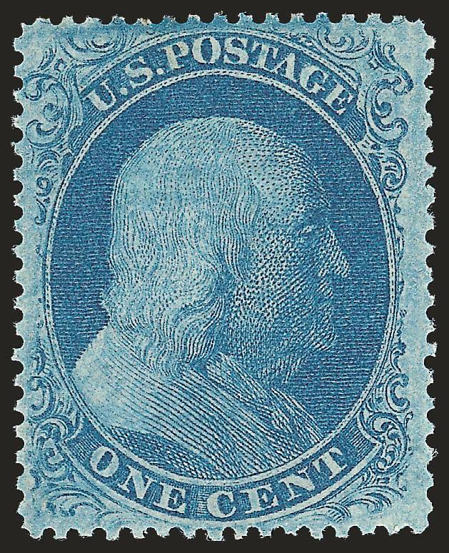 1c Blue, Ty. II (20).> Plate 12, original gum, single hinge mark, intense shade typical of Plate 12 printings, wide and balanced margins<><>^EXTREMELY FINE. A BEAUTIFUL ORIGINAL-GUM EXAMPLE OF THE 1857 ONE-CENT
TYPE II.^<><>With 2002 P.F. certifi
