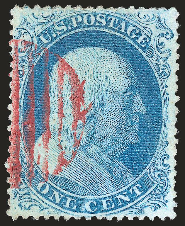 1c Blue, Ty. II (20).> Plate 12, exceptional centering with lovely pastel color complimented by a pretty <red Paint grid>, the cancel is neatly struck as to leave the main features of the stamp distraction
free, Extremely Fine, with 2009 P.S.E. cer