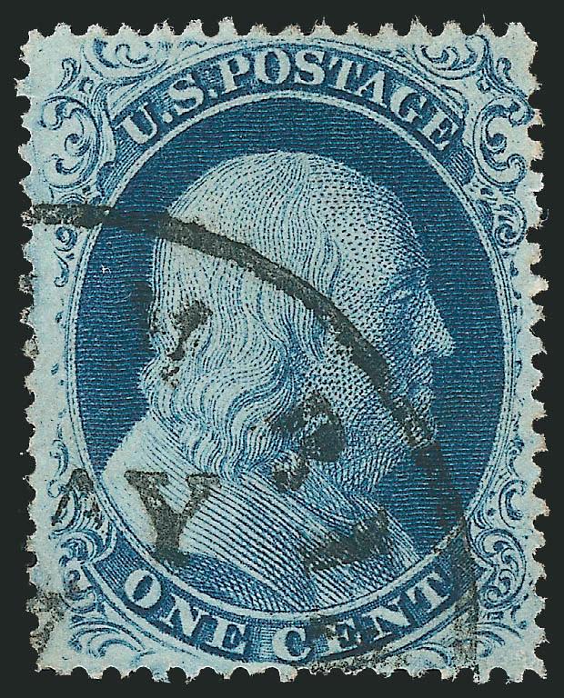 1c Blue, Ty. III (21).> Plate 4, deep rich color and proof-like impression, well-balanced margins for this difficult issue showing clear breaks at both top and bottom (the defining characteristic of the type),
neat strike of circular datestamp<><>^