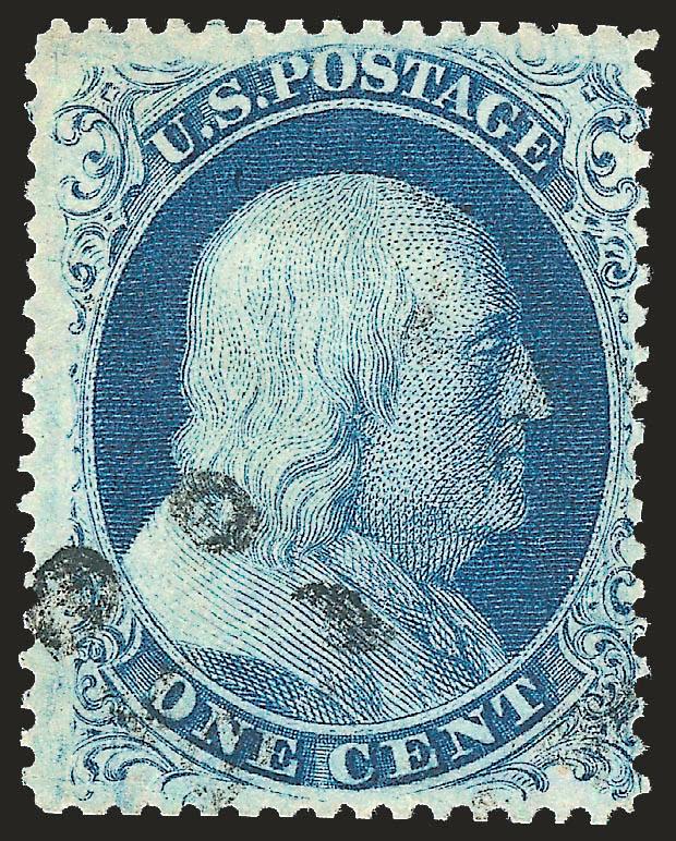 1c Blue, Ty. III (21).> Position 50L4, rich color, unusual face-free circle of dots cancel, single nibbed perf at right, otherwise Fine