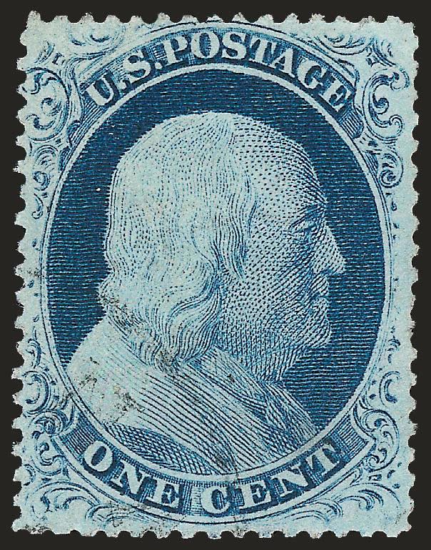 1c Blue, Ty. IV (23).> Plate 1L, unusually well-centered, deep rich color and very light face-free circular datestamp, Very Fine, with conflicting certificates: 2000 P.F. as sound 2005 P.S.E. horizontal wrinkle
at the left center 2007 P.F. as sou